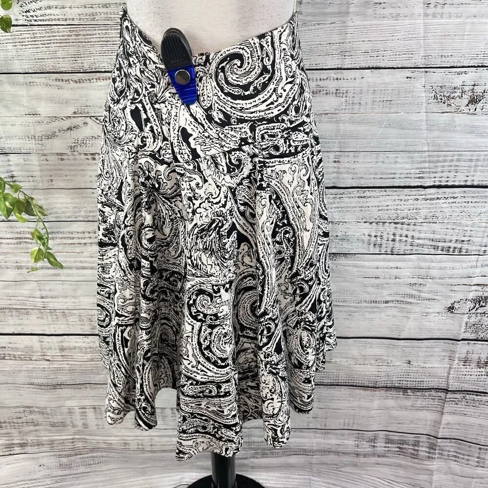 Chaps Skirt size 10 Black White Paisley Knee Full Boho Peasant Modest Summer